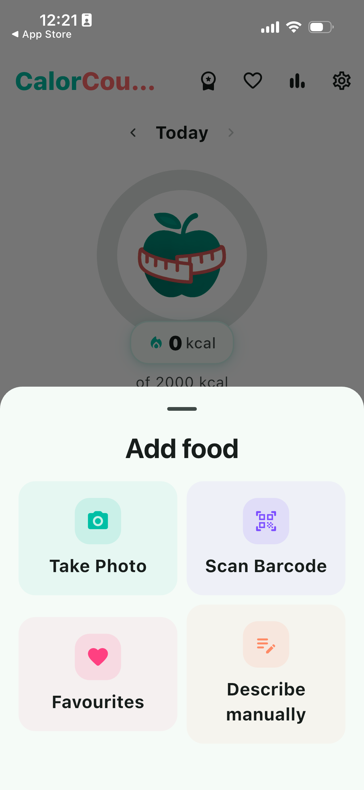 Add food bottom sheet with Take Photo, Scan Barcode, Favourites, and Describe manually options