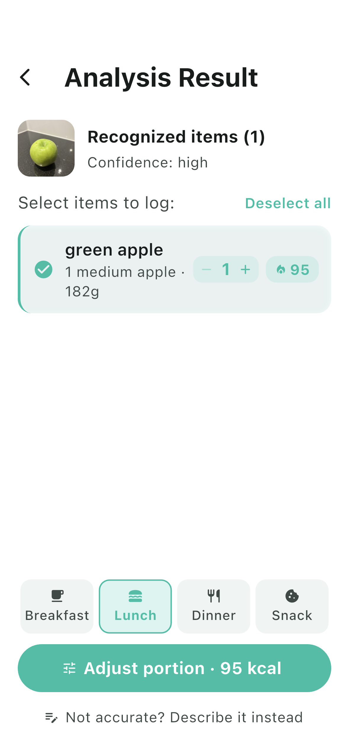 Analysis result showing green apple recognized with 95 kcal, quantity selector, and meal type picker